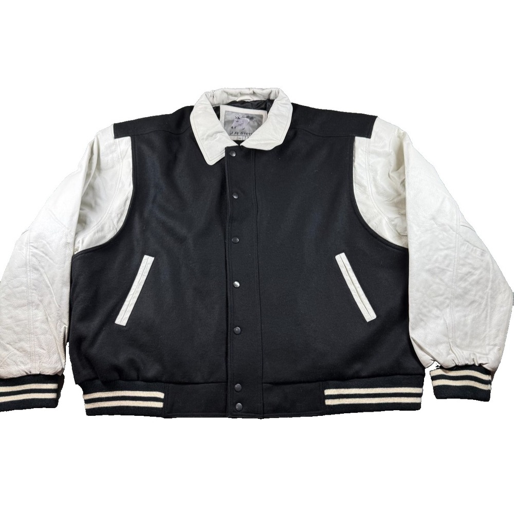Vtg JR Stone Varsity Jacket 3XL Black Wool White Leather Sleeve Quilted Lining
